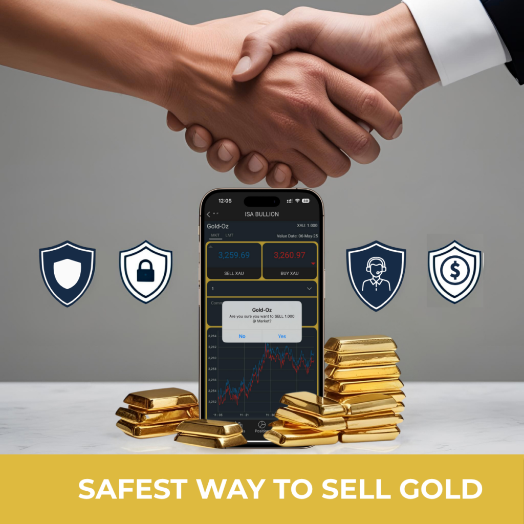 Hands shaking over gold bars and smartphone