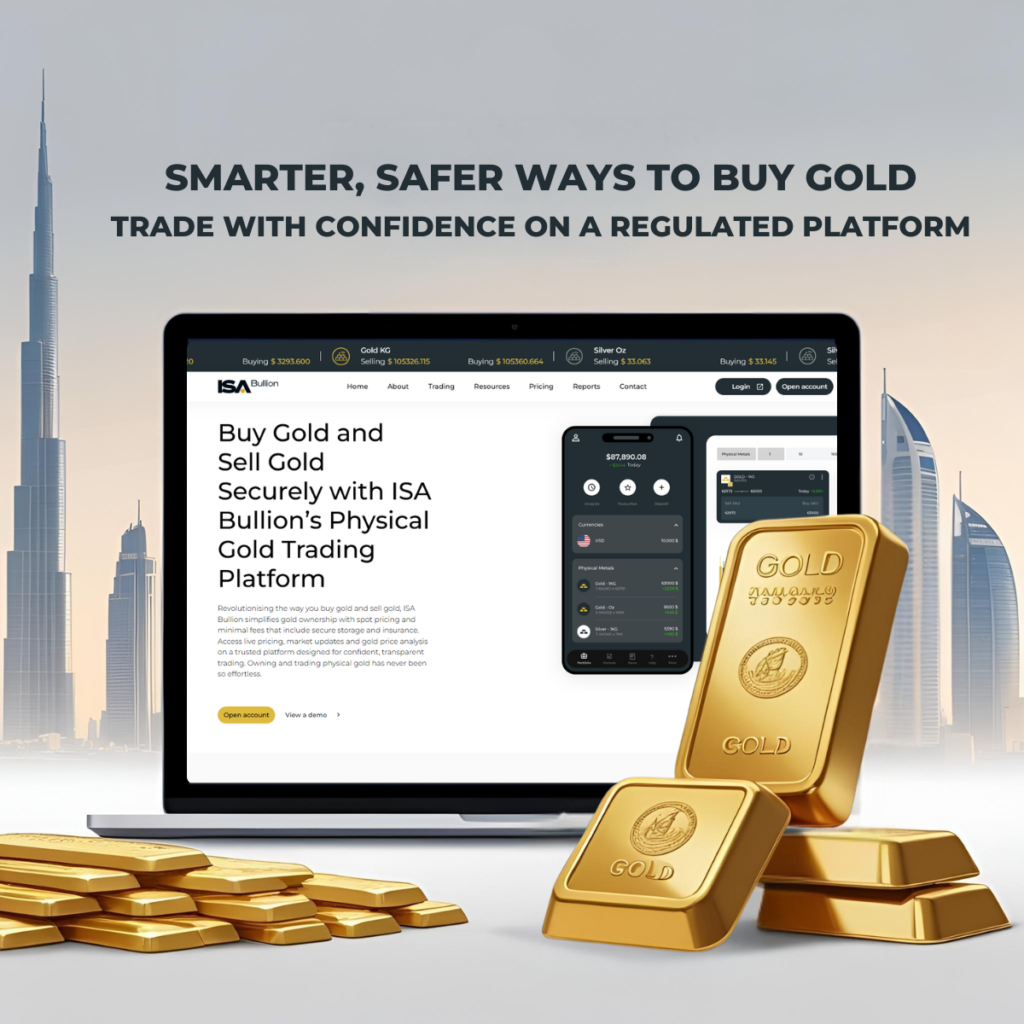 Digital platform and gold bars showing secure ways to buy gold in the UAE