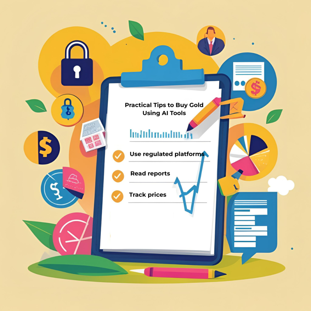 Visual checklist of practical tips to buy gold using AI and a secure platform