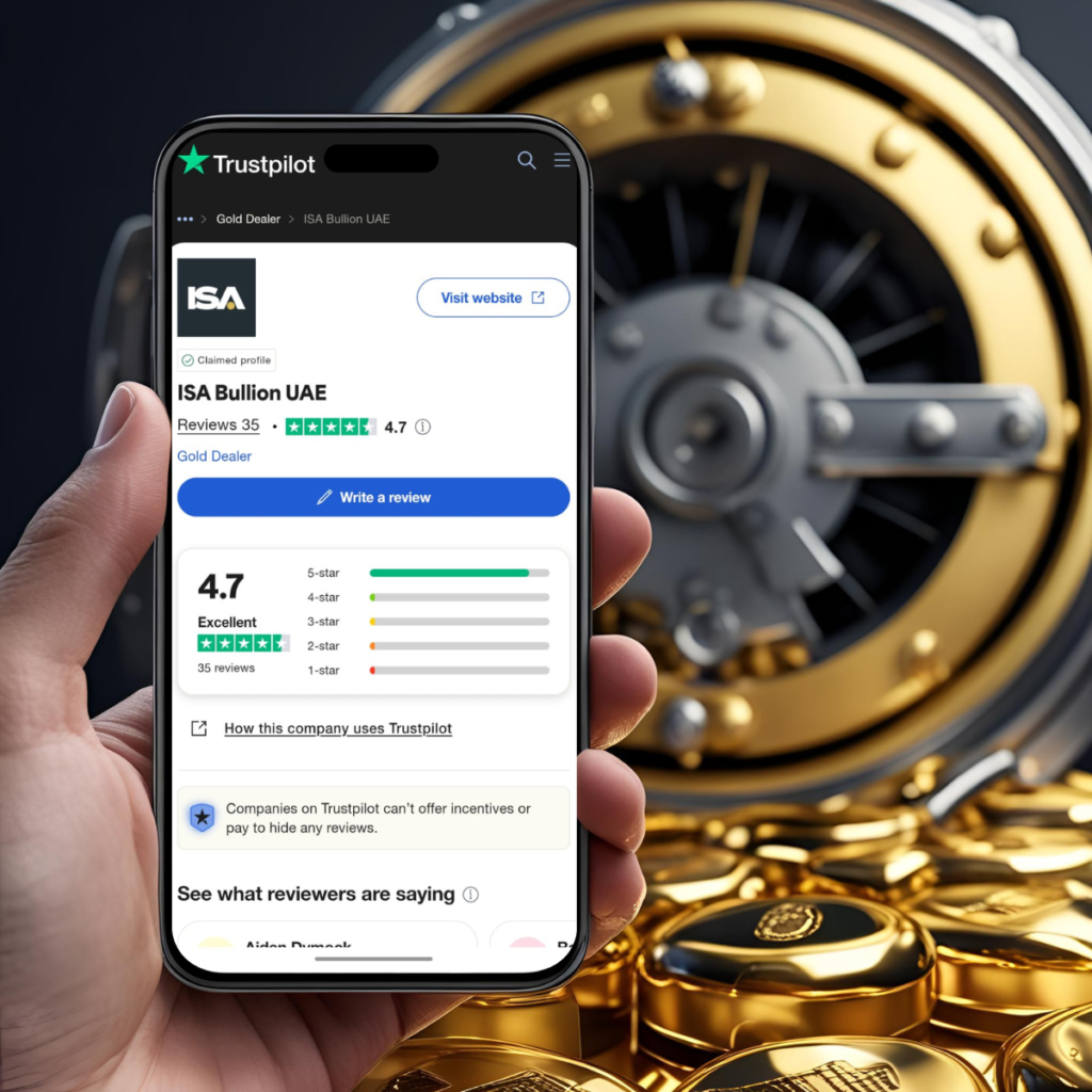 Image of positive Trustpilot reviews and secure vault icon supporting safe online gold trading