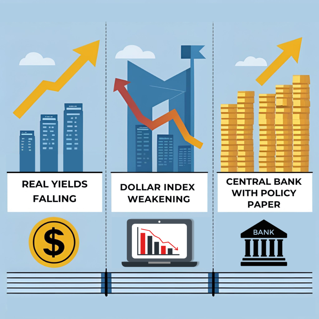 Three signals showing when to buy gold: yield dips, dollar weakness, and policy pivots