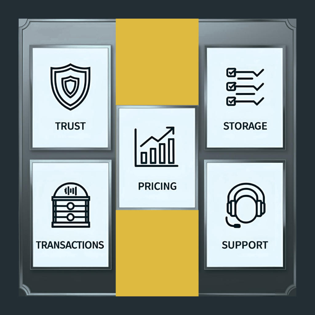 Infographic of key factors for the safest way to sell gold, including trust, pricing, storage, transactions, and support