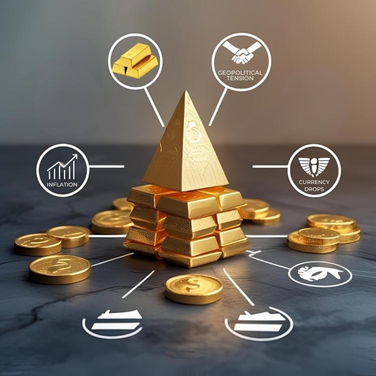 Infographic showing factors that influence gold volatility in the UAE market with a focus on trading tips