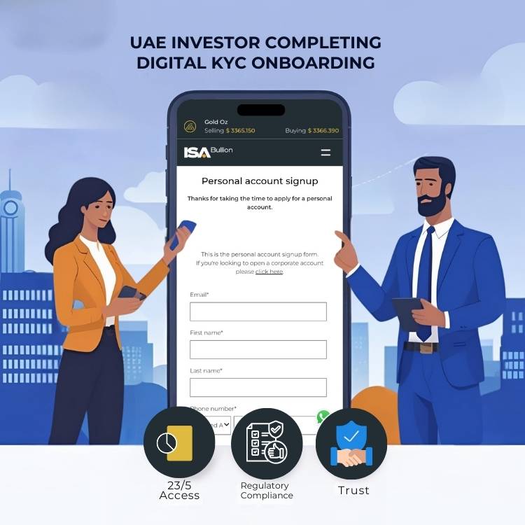 UAE investor onboarding on a secure digital gold trading platform with compliance and 24/5 trading access