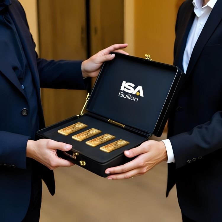 ISA Bullion’s digital gold trading platform is shown on desktop and mobile with secure storage and live price tools