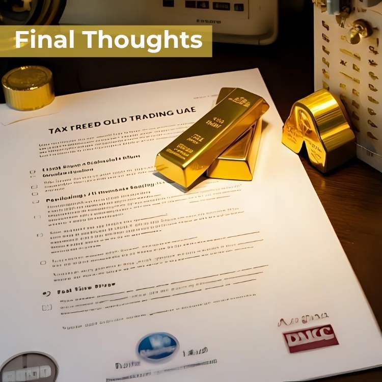 Visual summary of taxation on gold trading with legal compliance, gold storage, and UAE regulatory symbols