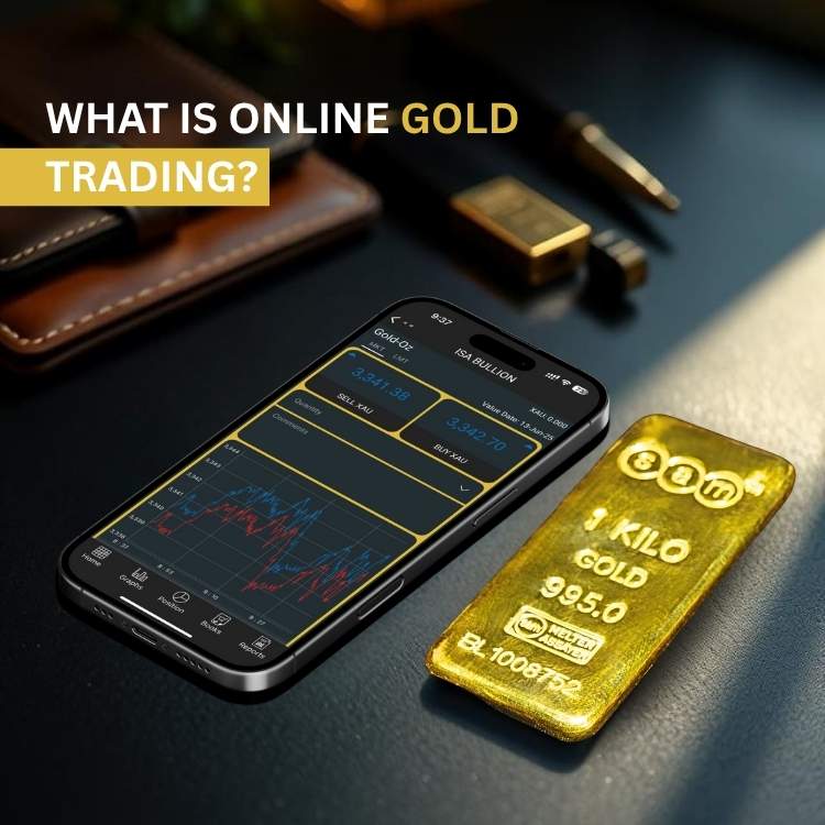 Smartphone showing live gold prices next to a real gold bar, highlighting gold trading online