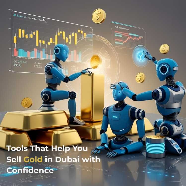 Futuristic robots analysing digital gold trading data and prices, representing AI tools to sell gold in Dubai