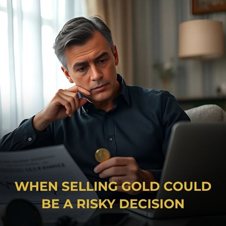 Concerned investor weighing risks of selling gold heirlooms during a market dip, reflecting emotional and financial caution