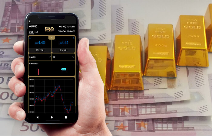 An image of a smart phone with the ISA Bullion platform on the screen.