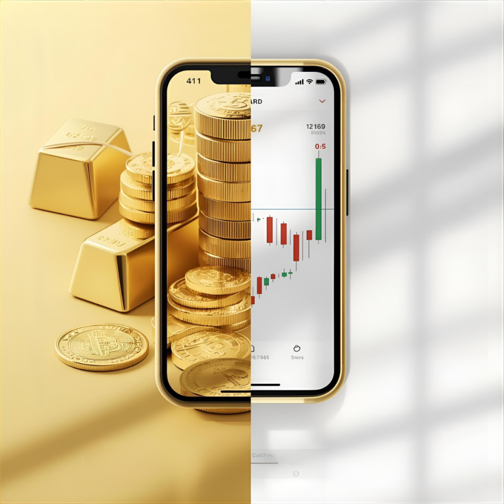Comparison of traditional gold coins and modern digital trading on a smartphone, symbolizing the shift from offline to online gold trading.