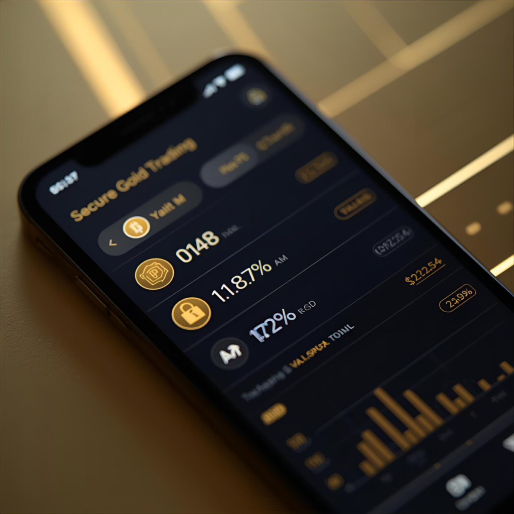 Smartphone screen showing secure online gold trading app with vault and lock icons, representing safe digital storage.