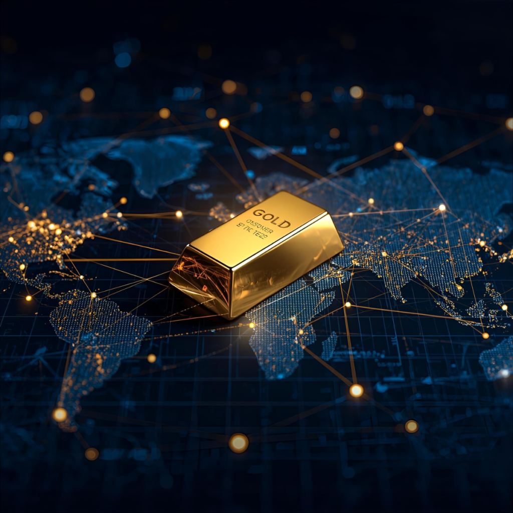 Gold bar centered on a digital world map showing global connectivity and rising demand for online gold investment.