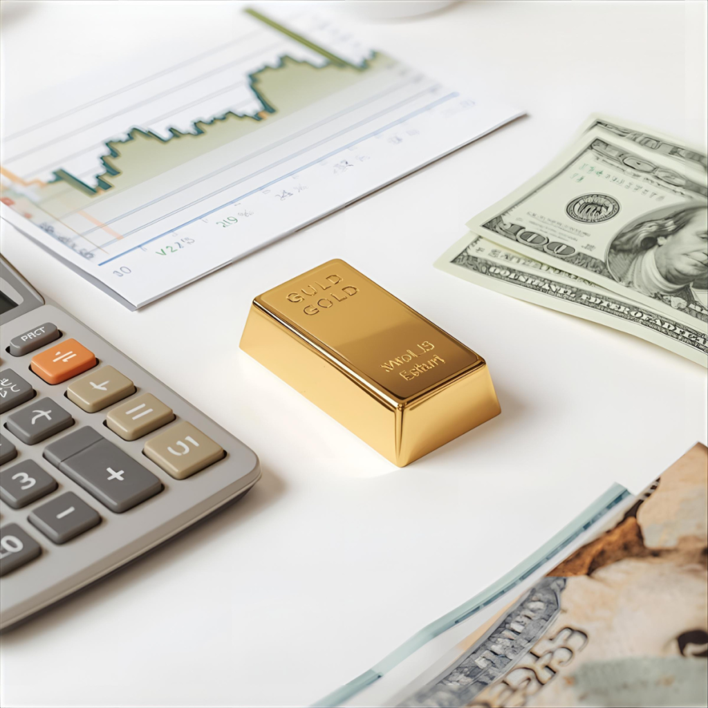 Gold bar beside a calculator and dollar notes showing components of gold value — spot price, premium, and conversion.