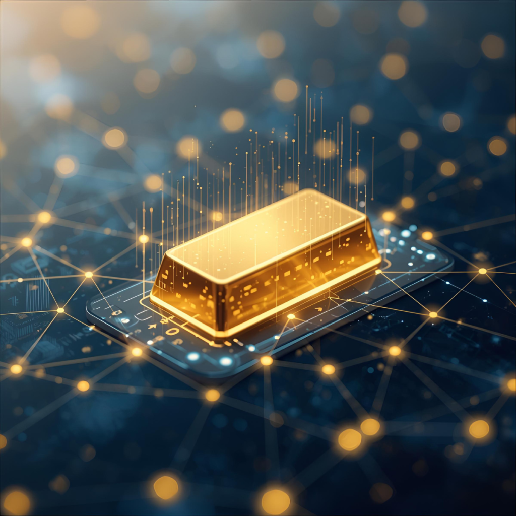 Futuristic gold bar surrounded by blockchain and AI network lines representing the digital future of gold investment.