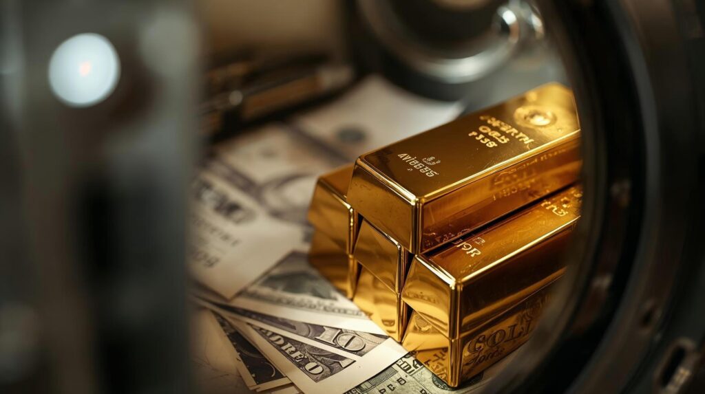 Stacked gold bars stored securely in a vault on top of US dollar bills showing why investors trade real gold bars online to protect wealth in uncertain times.