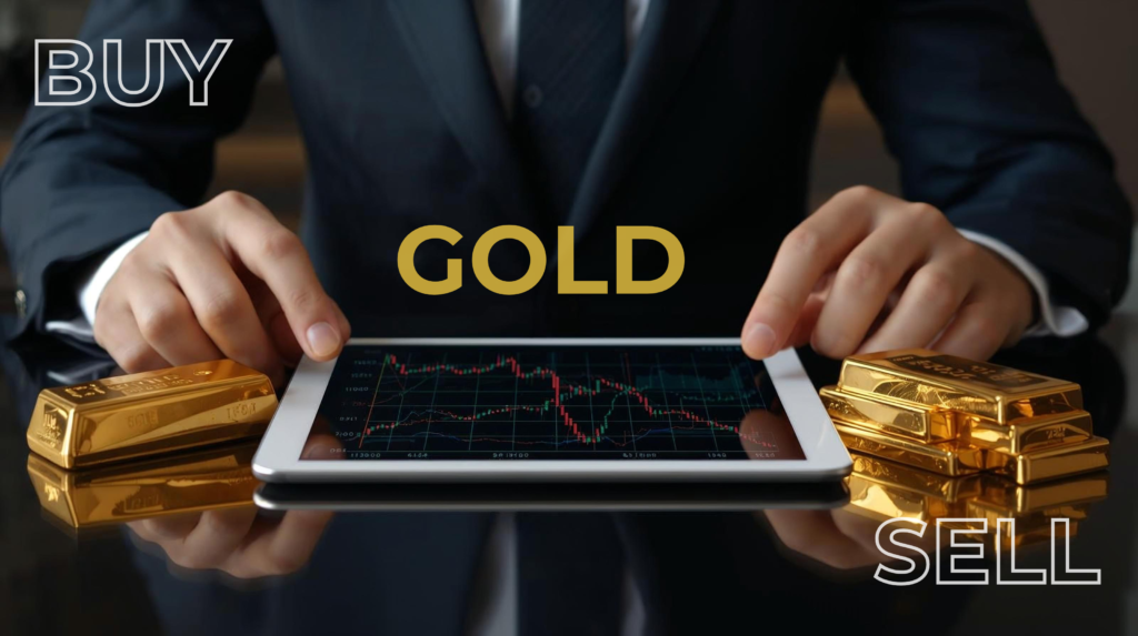 Investor using a tablet to track live gold prices with gold bars on the desk illustrating how to buy gold and sell gold through a trusted global gold trading platform.