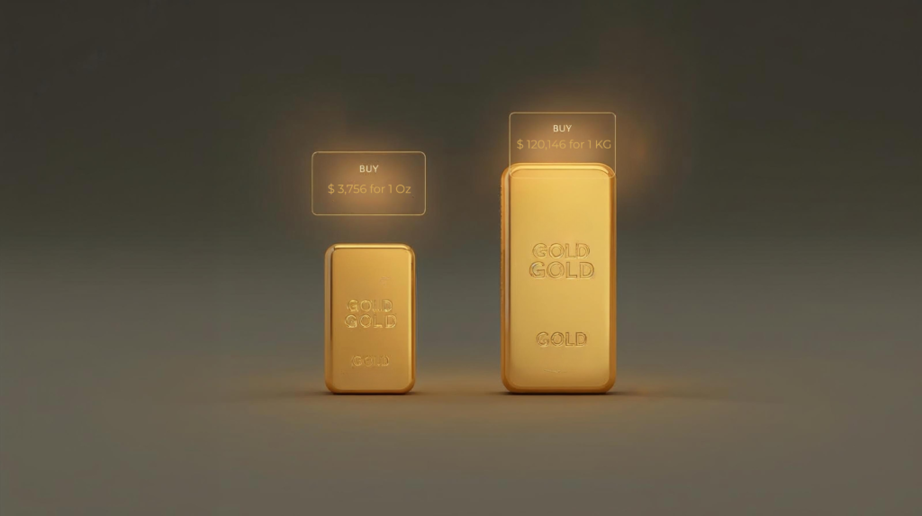 Real-time gold pricing comparison showing 1 oz and 1 kg gold bars with live buy rates — illustrating transparent pricing on a trusted global gold trading platform.