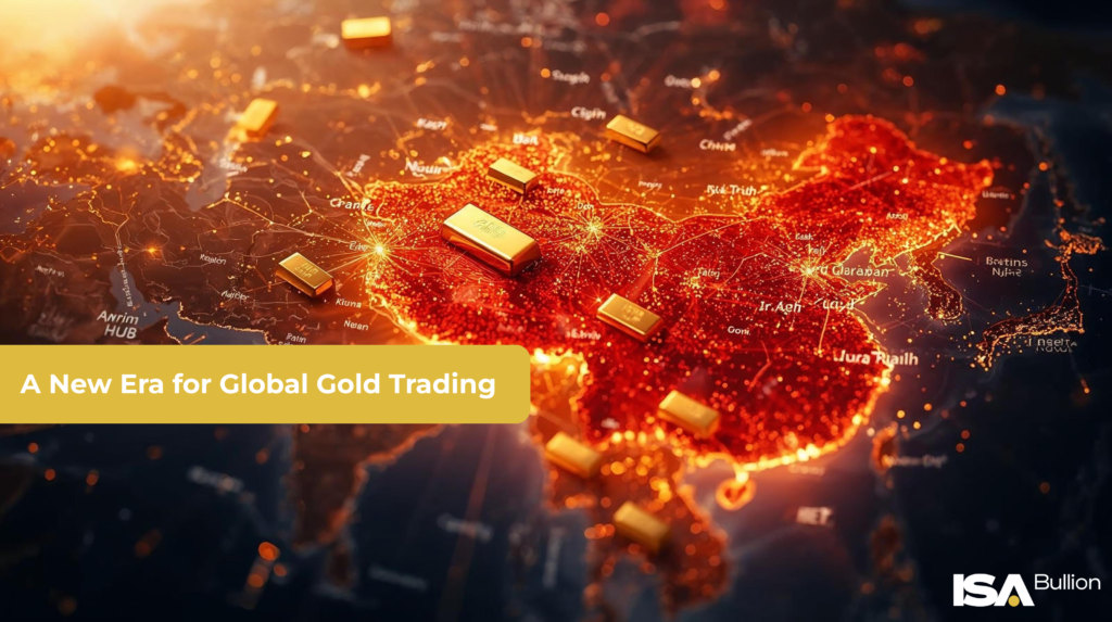 World map with China glowing in red and gold, surrounded by real gold bars and illuminated trade routes — symbolizing China’s rising influence in global gold trading and the growing need for trusted global gold trading platform.