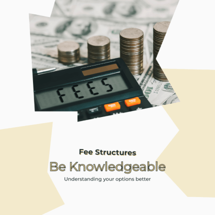 Calculator displaying the word 'FEES' with stacked coins and dollar bills in the background, representing fee structures and financial planning.