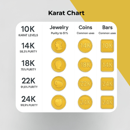 Karat chart displaying gold purity levels from 10K to 24K, explaining jewelry, coin, and bar uses—helping investors make informed decisions to sell gold.